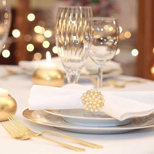 12Pcs Pearl Flower Rhinestone Napkin Rings Napkin Serviette Buckle Holder for Wedding Christmas Party Dinner Table Decor