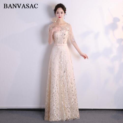 BANVASAC 2018 Illusion O Neck Bow Sash A Line Long Evening Dresses Party Lace Appliques Half Sleeve Prom Gowns