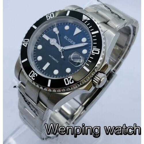 Bliger 40mm Silver Case Sapphire Crystal Ceramic Bezel Blue Black Dial Luminous NH35A Movement Mens Top Automatic Watch