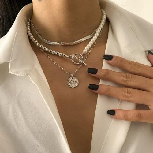 Fashion Baroque Pearl Chain Necklace Women Collar Wedding Punk Toggle Clasp Circle Lariat Bead Choker Necklaces Jewelry Chains