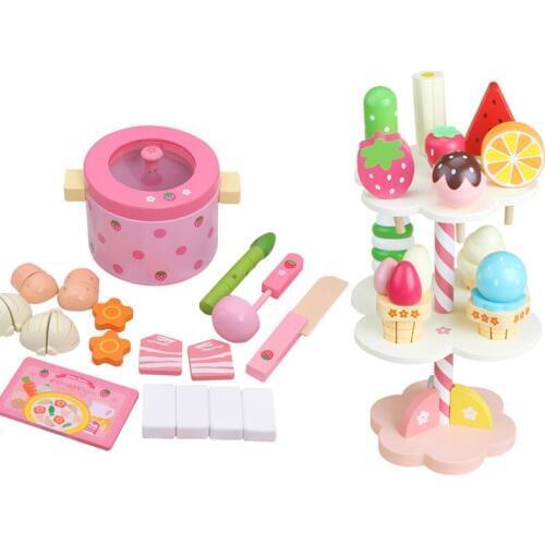 Wooden Kitchen Food Strawberry Simulation Hot Pot Set Cooking Toys Kids Ice Cream Stand Afternoon Tea Set Educational Gift