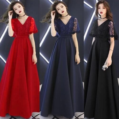 Elegant patchwork Gauze zipper flower short Petal sleeve V-neck Floor-length A-line black blue wine red Cocktail Dresses