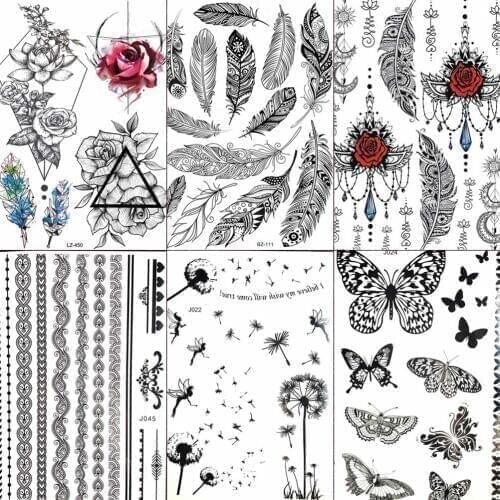 FANRUI Feather Dandelion Butterfly Black Henna Temporary Tattoo Sticker Women Mehndi Hand Fake Tatoo Body Art Arm Tattoo Sticker