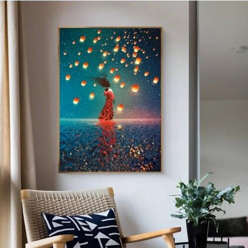 Chinese Style Lanterns Floating Dress Woman Canvas Painting Wall Art Picture Poster Print Wallpaper Living Room Decoration