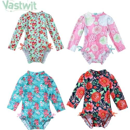 Newborn Infant Baby Girl Swimsuit Long Sleeves Floral Printed One-piece Swimwear Toddler Girl Swim Suit Bathing Suit Rash Guard