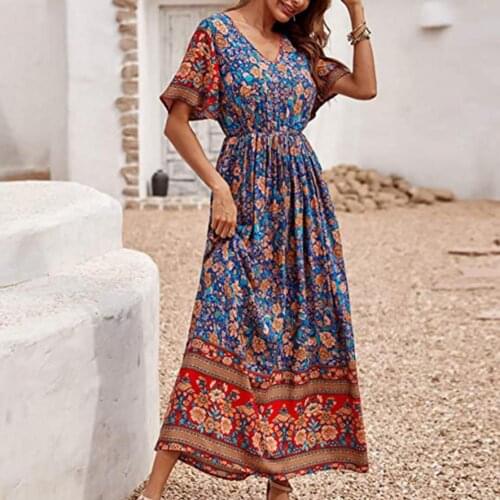 Summer Dress Floral Pattern Loose Female V-neck High Waist Dress Ladies Casual Loose Maxi Sundress Vestidos Plus Size vestidos