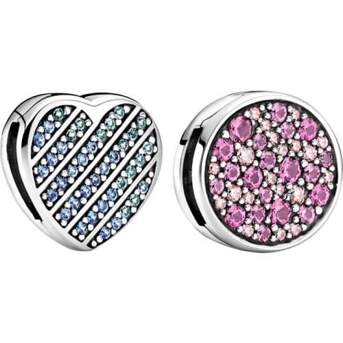 Lomeo Spring 2021 New 100% silver reflexions series Blue Pavé Heart Pink Clip Charm Womens Bracelet DIY Jewelry Accessories