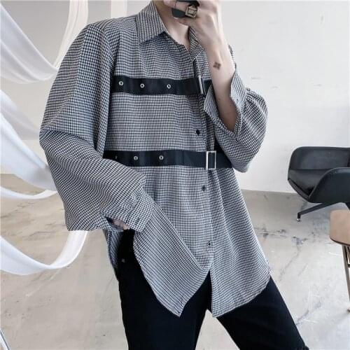MIXCUBIC 2020 Autumn Korean style Unique webbing design shirts men casual loose Houndstooth grid shirts for men,size M-XXL