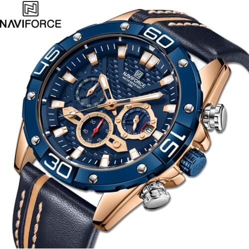 NAVIFORCE Top Brand Mens Watches Casual Fashion Leather Strap Luminous Date Display Chronograph Alarm Waterproof Male Wristwatch
