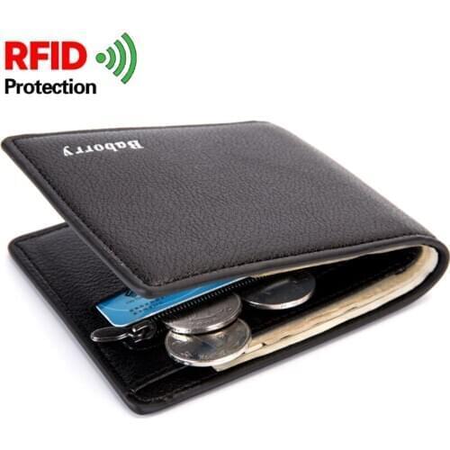 Mens PU Leather RFID Blocking Wallet Male Short Zipper Wallets for US Cash Dollar Leisure Bi-Fold Photo Card Holder Coin Purse
