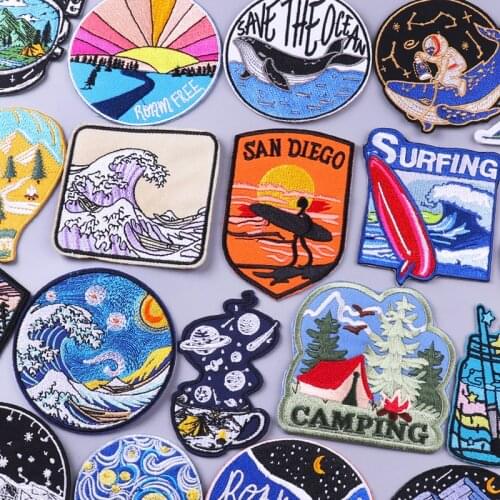 Prajna Van Gogh Patches For Clothing Stickers Mountain Adventure Badges Stripes Iron On Patches On Clothes Wave Embroidery Patch