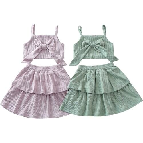 1-4T Baby Girls Skirt Clothes Set Solid Color Square Collar Crop Tops Camis Bowknot High Waist Skirt Summer Toddler Kids Infant