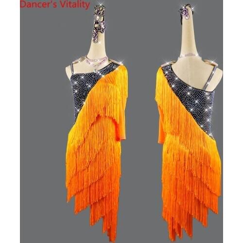 Latin Dance Dress Sling Diamond-Studded Long Skirt Performance Clothes High-End Custom Adult Child Tassel Competition Clothing