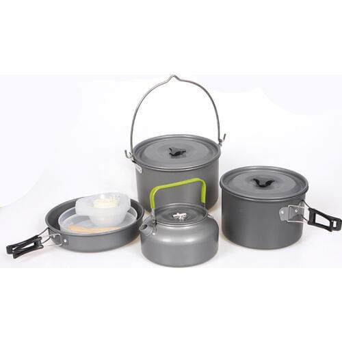 Outdoor Camping Hiking Non-stick Aluminum Alloy Tableware Fry Pan Teapot & Handing Pot Mess Kit
