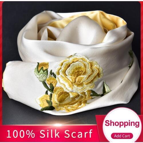 100% Pure Silk Scarf Luxury 2019 Hangzhou 16 mm Silk Shawls and Wraps for Women Handmade Embroidery Natural Real Silk Scarves