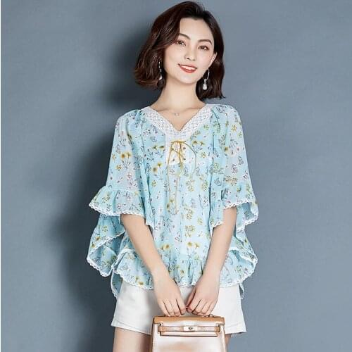 New Style Western Style Sleeve Printed Chiffon Shirt Loose Plus Size Stitching Bat Chiffon Shirt