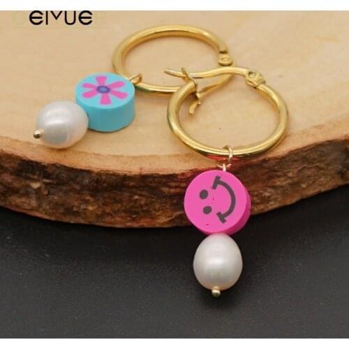 Cute Smiley Face New Earrings 2021 Real Pearl Drop Dangles Earring for Women Jewelry Stainless Steel Hoop Summer Fashion Earing