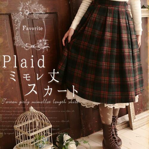 Japanese Mori Girl Spring Vintage Plaid Skirt Women Clothing Retro Mid Calf Harajuku Elastic Waist Female Lovely Skirts V052