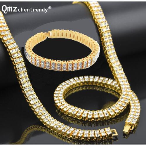 Men Hip Hop Bling 2 Two Rows Pharaoh Rhinestone Jewelry Sets Miami Cuban Chain 30" Tennis Necklace 8'' Bracelet Set