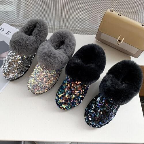Fur Shoes For Women Winter Warm Boots Antiskid Outsole Lady Plush Snow Boots Shiny Brand Fashion Style Slip-on Ankle Boots