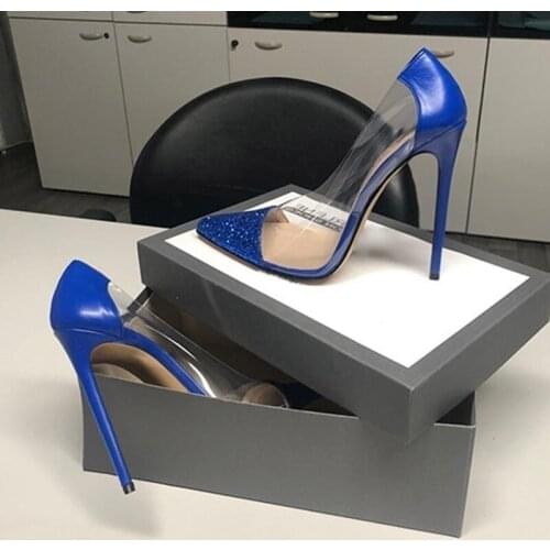 Bling Bling Glitter Pointed Toe Pumps Transparent PVC Patchwork Dress Shoes Blue Black Leather Stiletto Heel Sequin Banquet Shoe