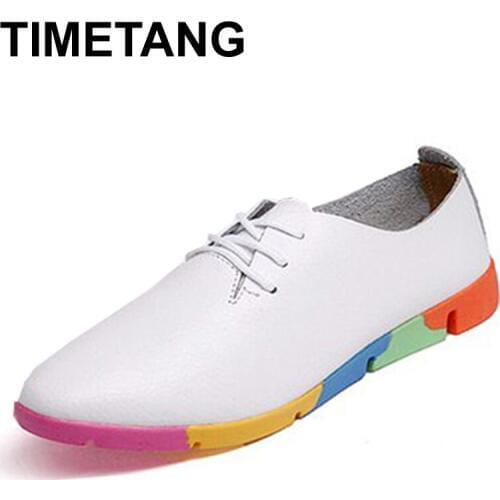 TIMETANG Autumn spring new lace leather women flat white shoes pointed deep mouth soft bottom leisure flat colorful shoes woman