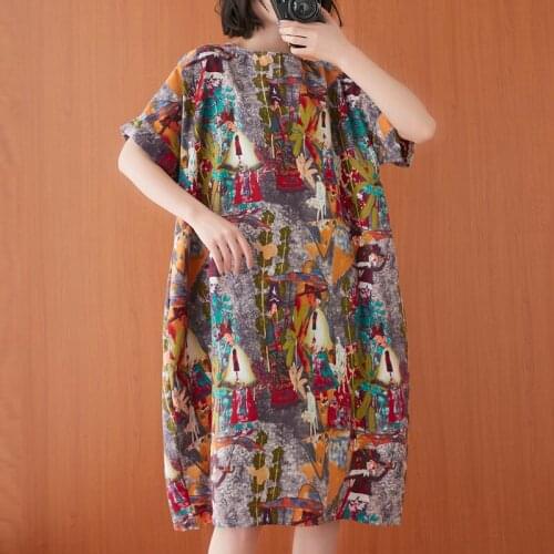 Oversized Loose Summer Dress 2021 New Arrival Tie Dye Print Cotton Linen Vintage Dress Women Travel Casual Beach Style Dress