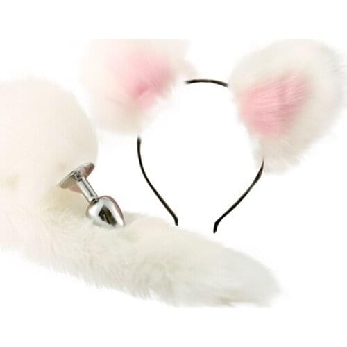 White Fox Tail and Furry Ears Anal-Butt Plug Sexual Funny Toy Cosplay Adult Lady