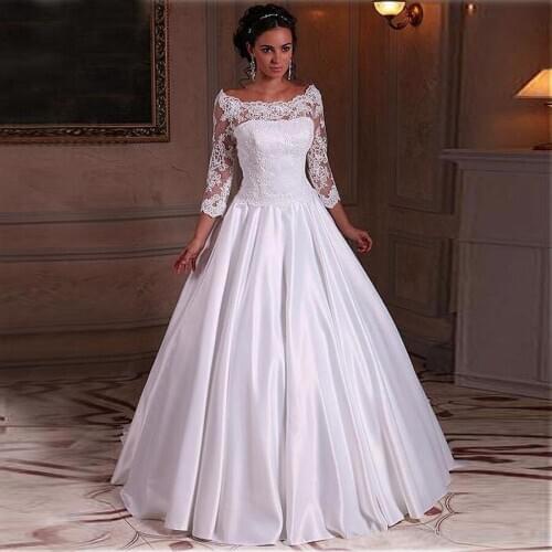 Glamorous Satin 3/4 Sleeves Wedding Dresses Illusion Back Floor Length Bridal Dress vestidos novia