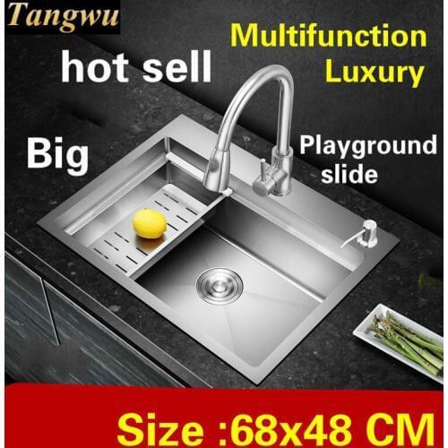 Free shipping Apartment kitchen manual sink single trough sliding board luxury 304 stainless steel big hot sell 680x480 MM