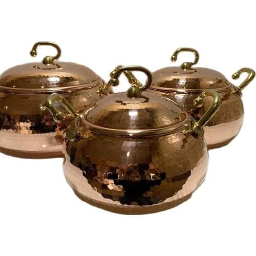 BIG SIZE SET of 3 Heavy Thick Pure Copper Cooking Pot Double Brass Handle Hammer 100% Copper Vintage Copper Kitchen Utensil Set