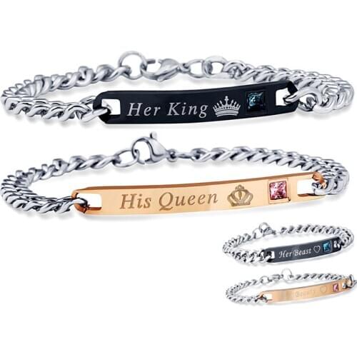 2 Style His Queen Her King Black Rose Gold Color Womens Male Chain Crystal Couple Bracelet for Men Femmo on Hands Jewelry