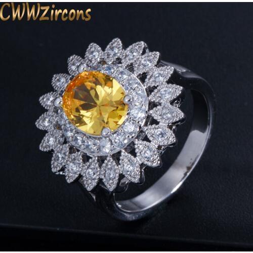 CWWZircons High Quality Micro Round Cubic Zirconia Stone Setting Luxury Big Women Engagement Ring With Yellow Crystal R021