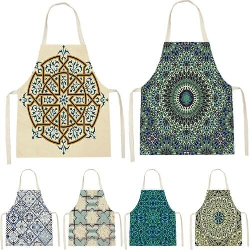 1 Piece Blue And White Ethnic Geometric Pattern Kitchen Apron Unisex Home Cooking Baking Shop Household Women Cleaning Apron Bib