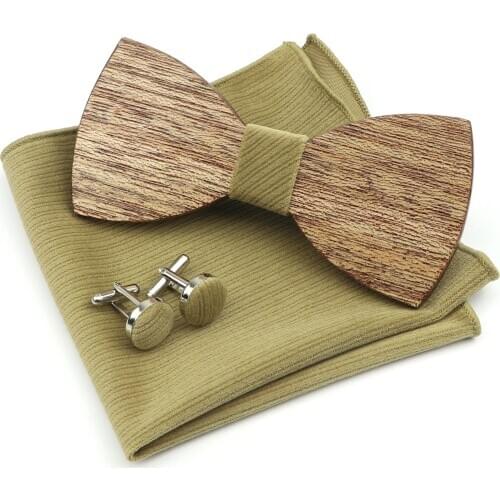100% Handmade Wooden Bow Tie Set Super Soft Suede Pocket Square Cufflink For Men Wedding Party Bowtie Butterfly Hanky 3 pcs Lots