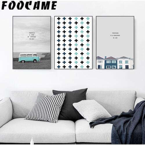 Blue Bus Minimalist Travel Life Landscape Painting Nordic Poster Canvas Prints Home Decor Modern Wall Art Pictures Living Room