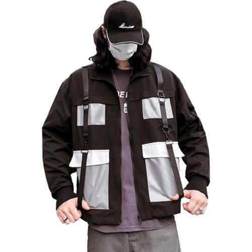 New Autumn Western Streetwear Fashion Ribbons Color Spliced Mens Zipper Jackets Hip Hop Casual Windbreaker Full Length Coats