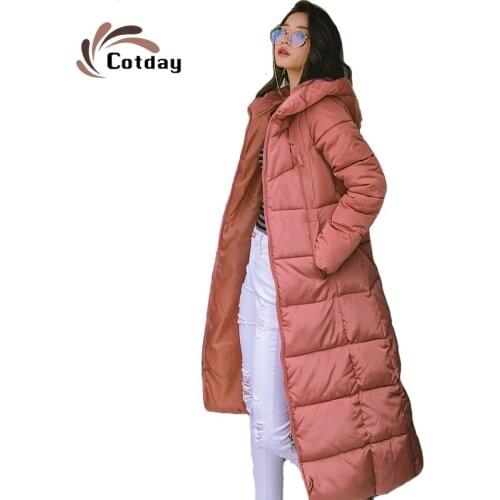 Cotday Women Red Fashion Loose Fur Winter 2021 Solid Long Hooded Outerwear Thick Jacket Warm Snow Wear Plus Size Cotton