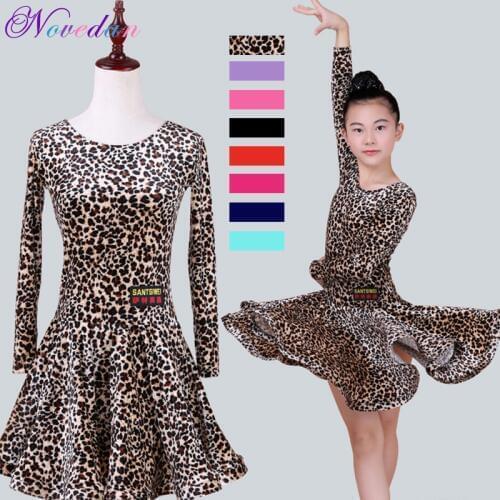 Leopard Stage Performance Dress Girls Latin Dance Clothing Sequin Kids Bright Color Latin Salsa Dresses Samba Dance Costumes