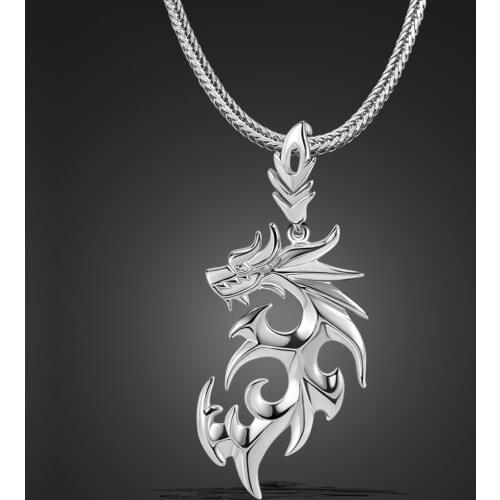 Personality Vintage Men 100% 925 Sterling Silver Dragon Pendant Necklace Knight Silver Box Chain Cool Man Jewelry Gift Women