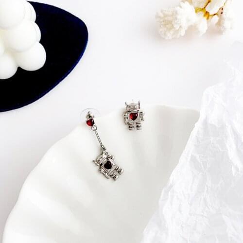 Minar Personality Red Heart Robot Earrings for Women Silver Color Alloy Geometric Crystal Asymmetry Drop Earrings Pendientes