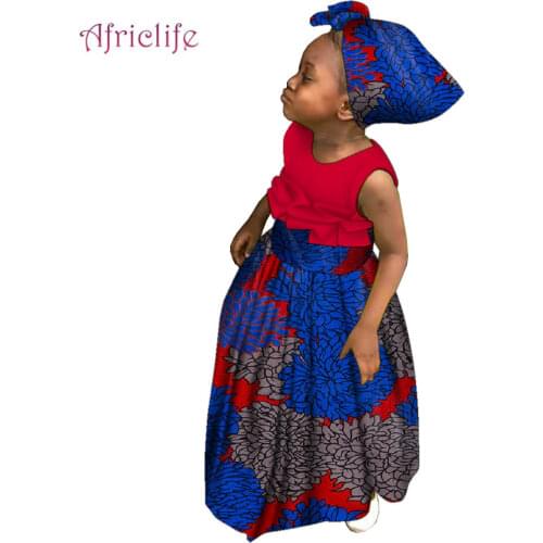 Trendy African Kids Wears for Children Beautiful Prints Girl Dress with Headwrap Age 2-8 T Clothing WYT607