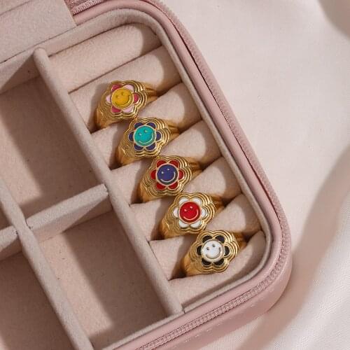 Trendy Colourful Flower Simle Face Tarnish Free Hypoallergenic Stainless Steel Gold Ring For Women PartyJewellry Best Gifts
