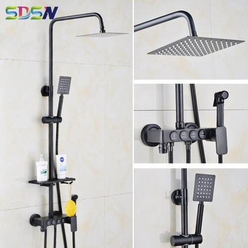 Black Shower Set SDSN Rainfall Shower Head Solid Brass Bath Bidet Bathroom Shower Faucet Black Bronze Bathroom Shower System
