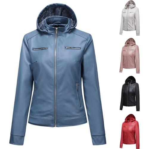 Autumn Winter PU Leather Jackets Women Velvet Keep Warm Leather Coat Lady Fashion Hooded Collar Windbreaker Short Female Jacket