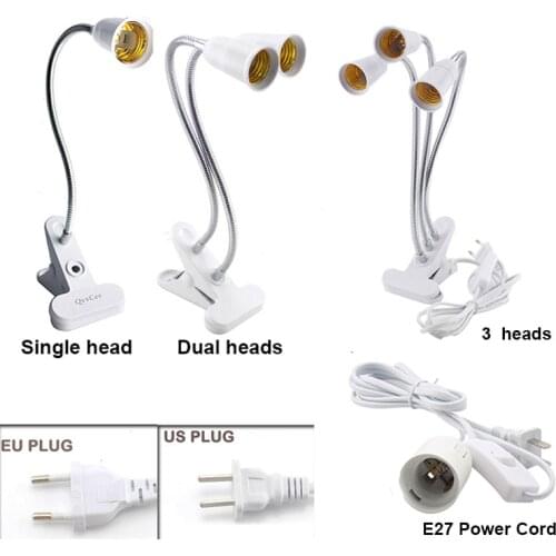 E27 Socket Flexible LED Lamp Bulbs Base Single/Dual/3 Heads Clip Holder AC Power Cable With On/Off Switch for Plant Grow Light