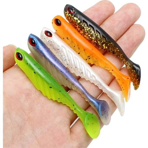 5pcs/Lot Soft Lures 70mm/2.9g T Tail Jigging Fishing Lures Wobblers Tackle Double Color Bass Pike Aritificial Silicone Swimbait