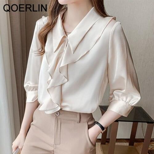 QOERLIN Loose Three-quarter Sleeves Ruffled Turn-Down Collar Chic Elegant Workwear Chiffon Shirt Office Ladies Plus Size OL Tops