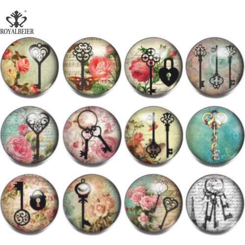 RoyalBeier 12PCS/lot Mixed Retro Key Pattern 18mm Glass Snap Buttons DIY Round Button for Wedding Gift Bracelets Bangles Jewelry