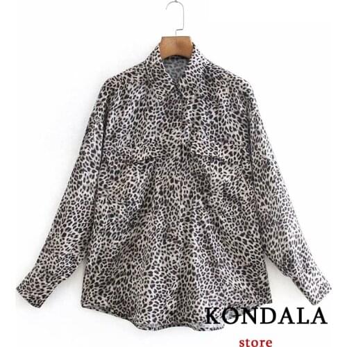 KONDALA Za Fashion Women Shirts Vintage Leopard Print Loose Pockets Blouse Stain Streetwear Chic Mujer Tops